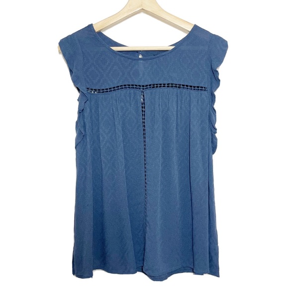 NWT Harlowe & Graham Ruffle Short Sleeves Top Blouse Crochet Trim Blue Sz M - Picture 1 of 12